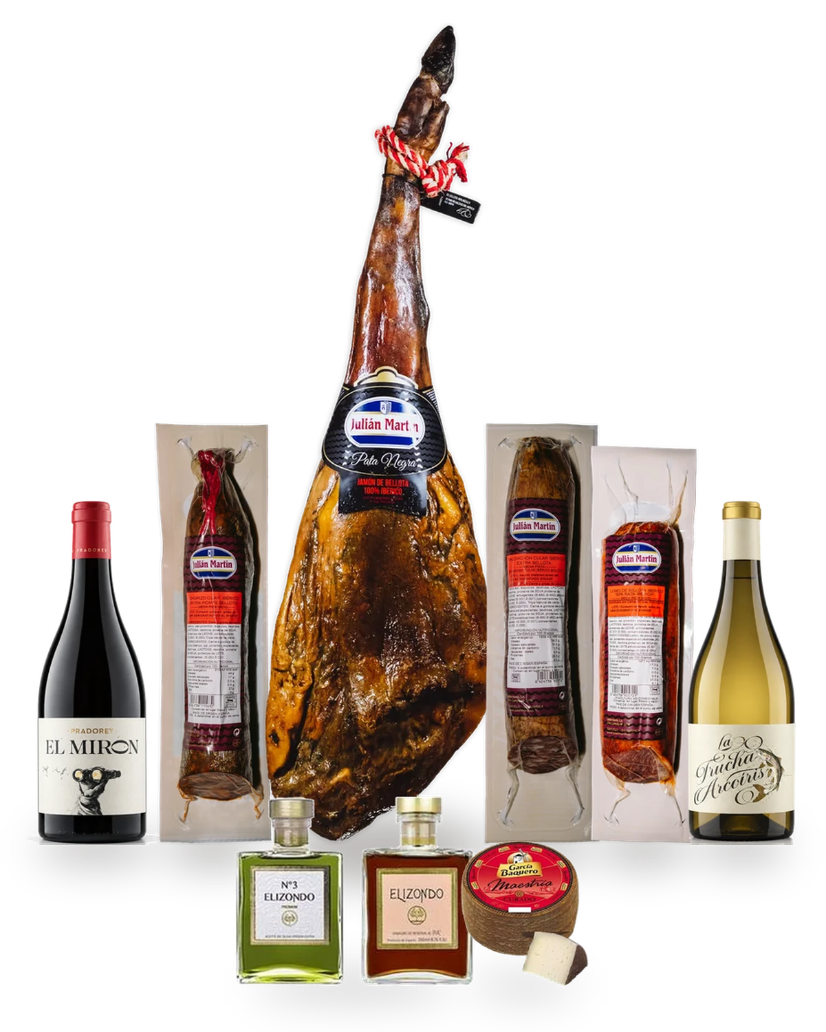 Lotes 1 y 2, contenido: Jamón entero, embutido en pieza, queso manchego, vinos de Ribera y despensa