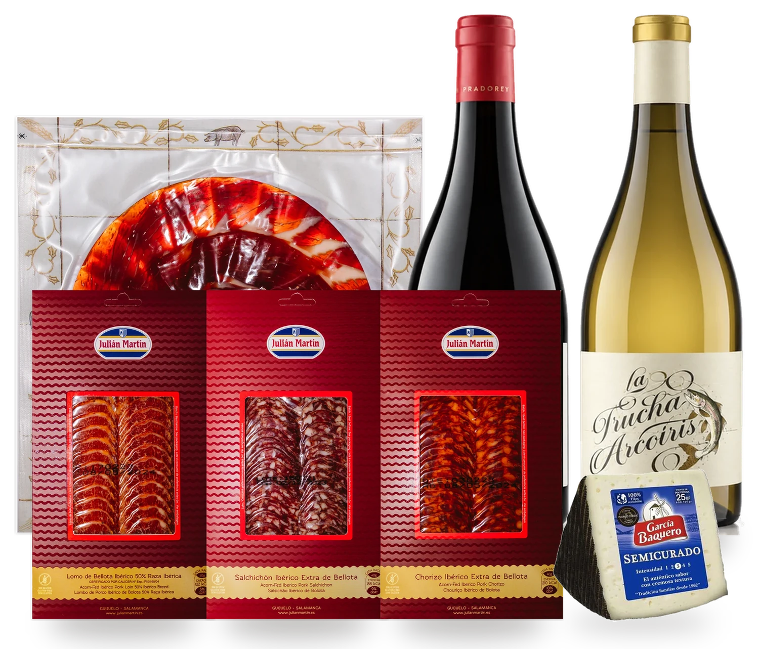 Lote 23, contenido: Jamón cortado a mano, embutido loncheado, queso manchego y vinos de Ribera