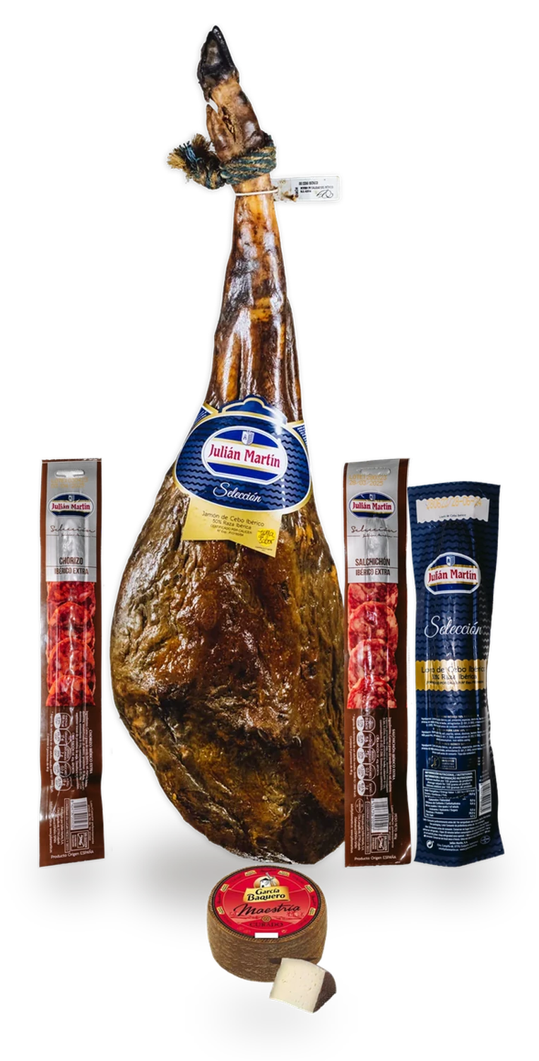 Lote 8, contenido: Jamón entero, embutido en pieza y queso manchego