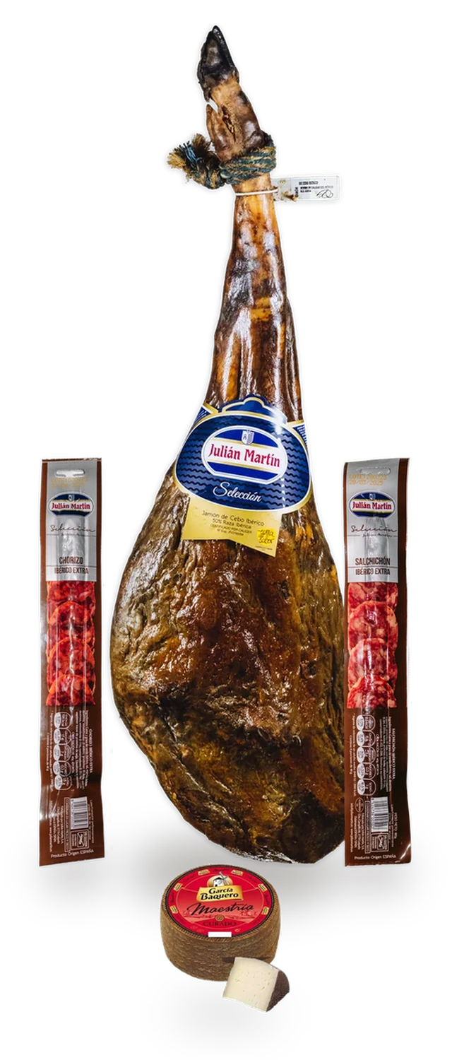 Lote 9, contenido: Jamón entero, embutido en pieza y queso manchego