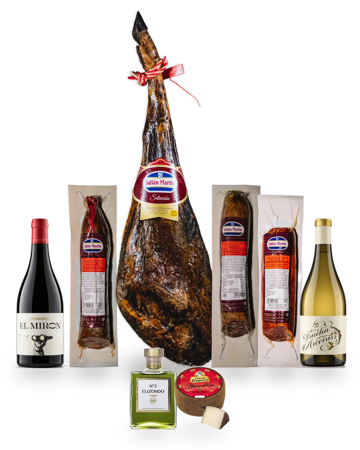 Lotes 3 y 4, contenido: Jamón entero, embutido en pieza, queso manchego, vinos de Ribera y despensa