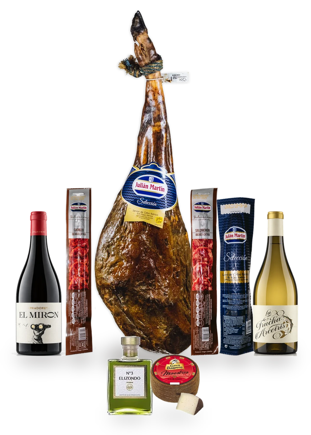 Lote 5, contenido: Jamón entero, embutido en pieza, queso manchego, vinos de Ribera y despensa