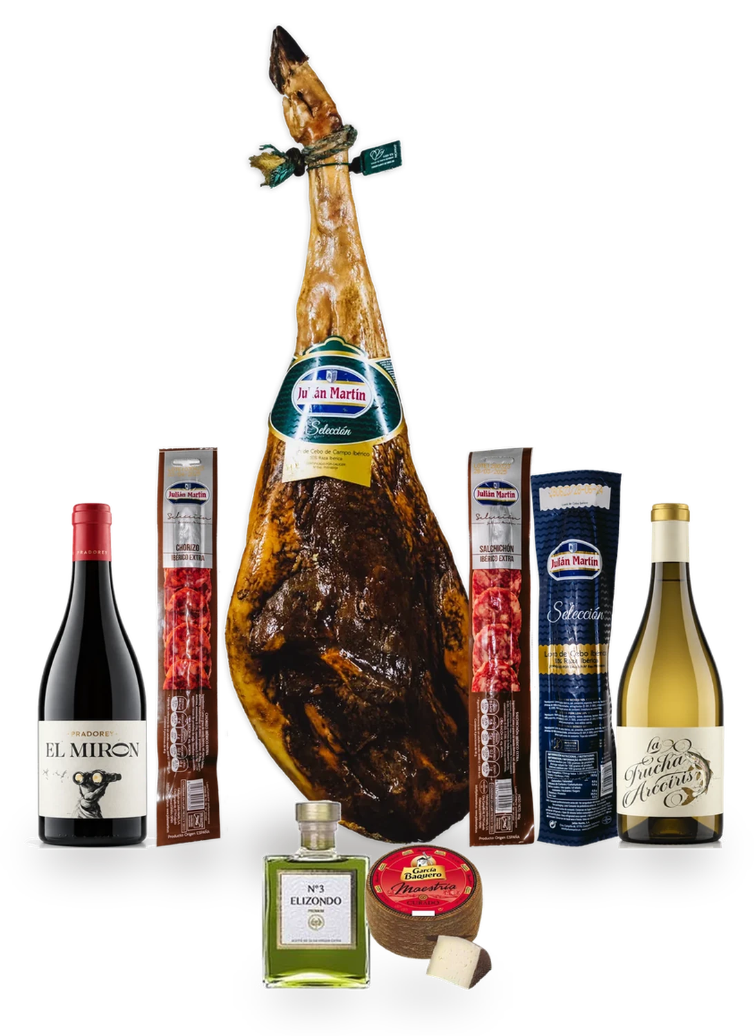 Lotes 6 y 7, contenido: Jamón entero, embutido en pieza, queso manchego, vinos de Ribera y despensa