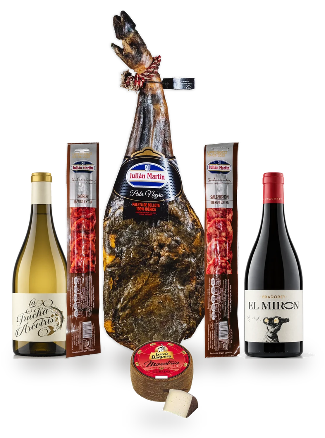 Lotes 10 y 11, contenido: Paleta entera, embutido en pieza, queso manchego y vinos de Ribera