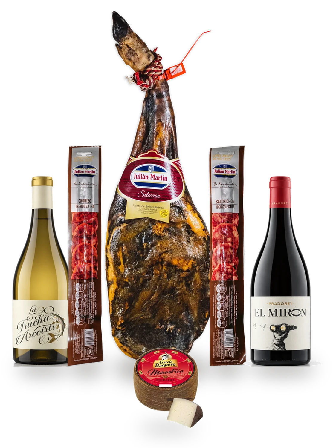 Lotes 12 y 13, contenido: Paleta entera, embutido en pieza, queso manchego y vinos de Ribera