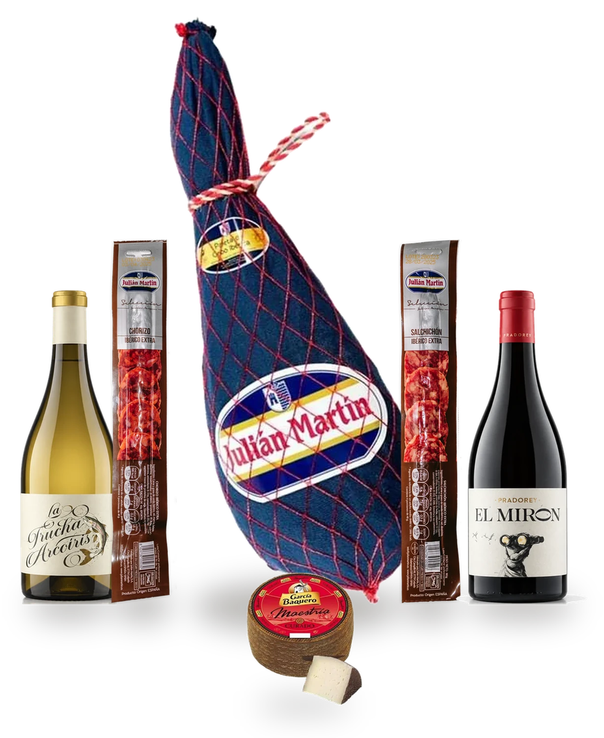 Lotes 14 y 15, contenido: Paleta entera, embutido en pieza, queso manchego y vinos de Ribera