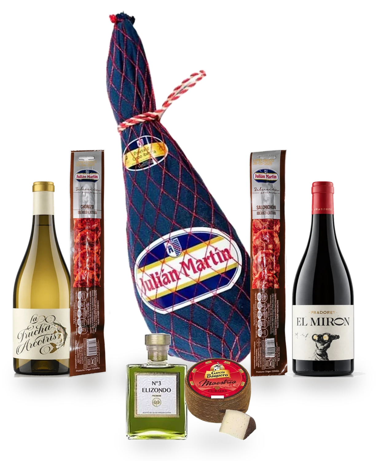 Lotes 16 y 17, contenido: Paleta entera, embutido en pieza, queso manchego, vinos de Ribera y despensa
