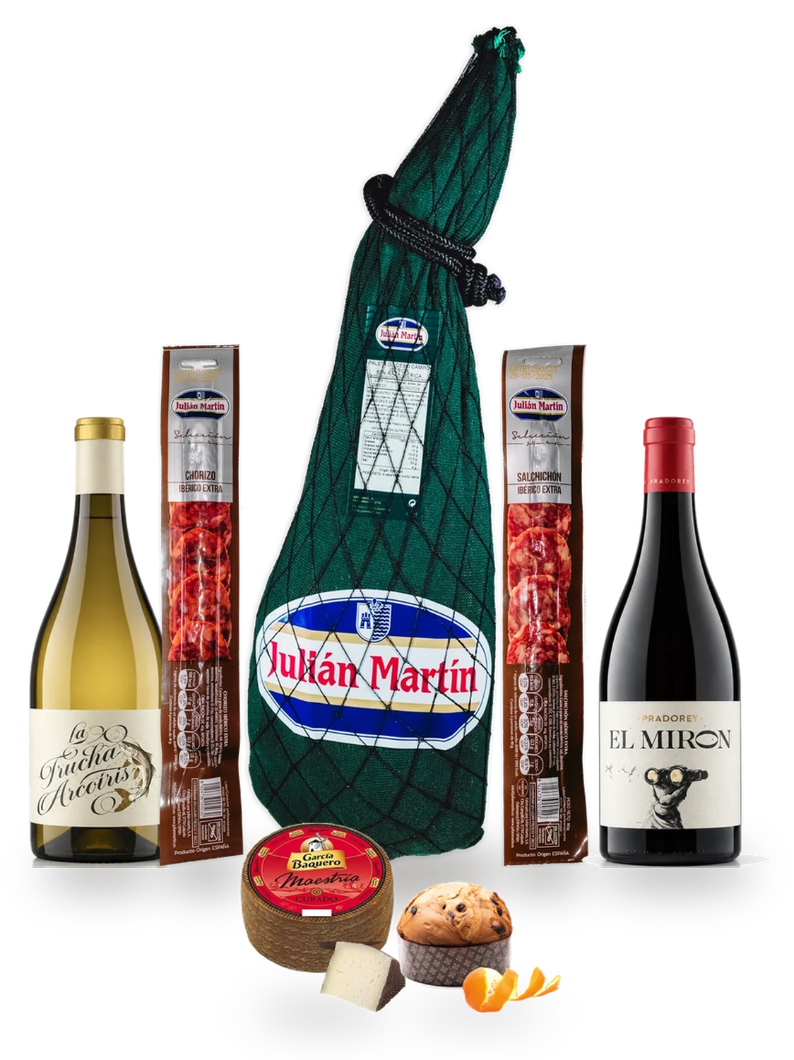 Lotes 18 y 19, contenido: Paleta entera, embutido en pieza, queso manchego, vinos de Ribera y despensa