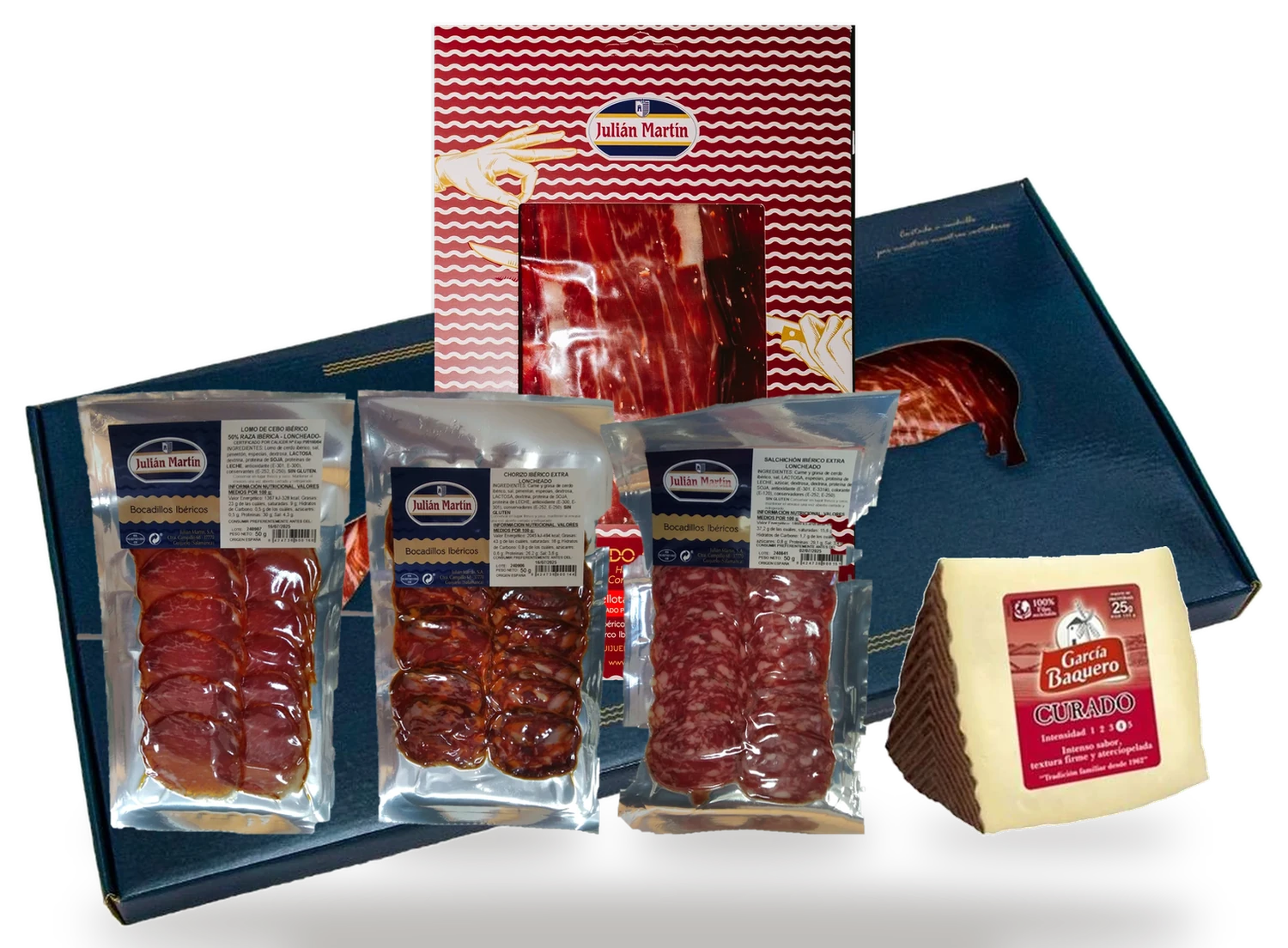 Maletín 1, contenido: Jamón cortado a mano, embutido loncheado, queso manchego y despensa