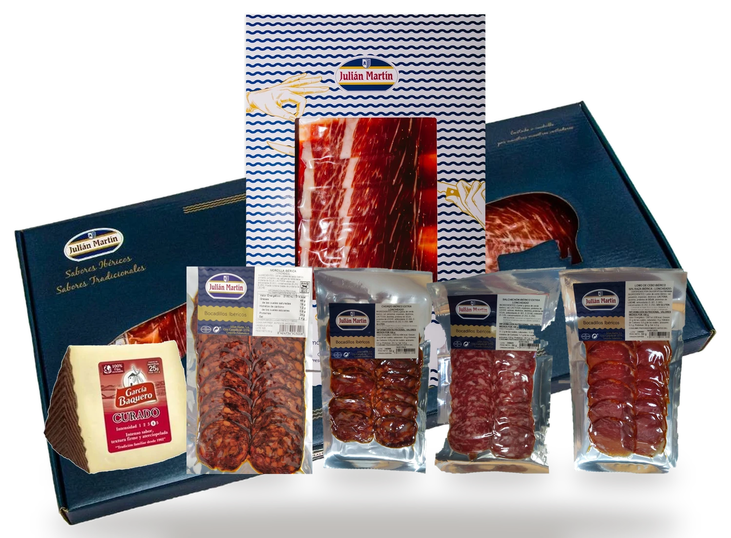 Maletín 2, contenido: Jamón cortado a mano, embutido loncheado, queso manchego y despensa