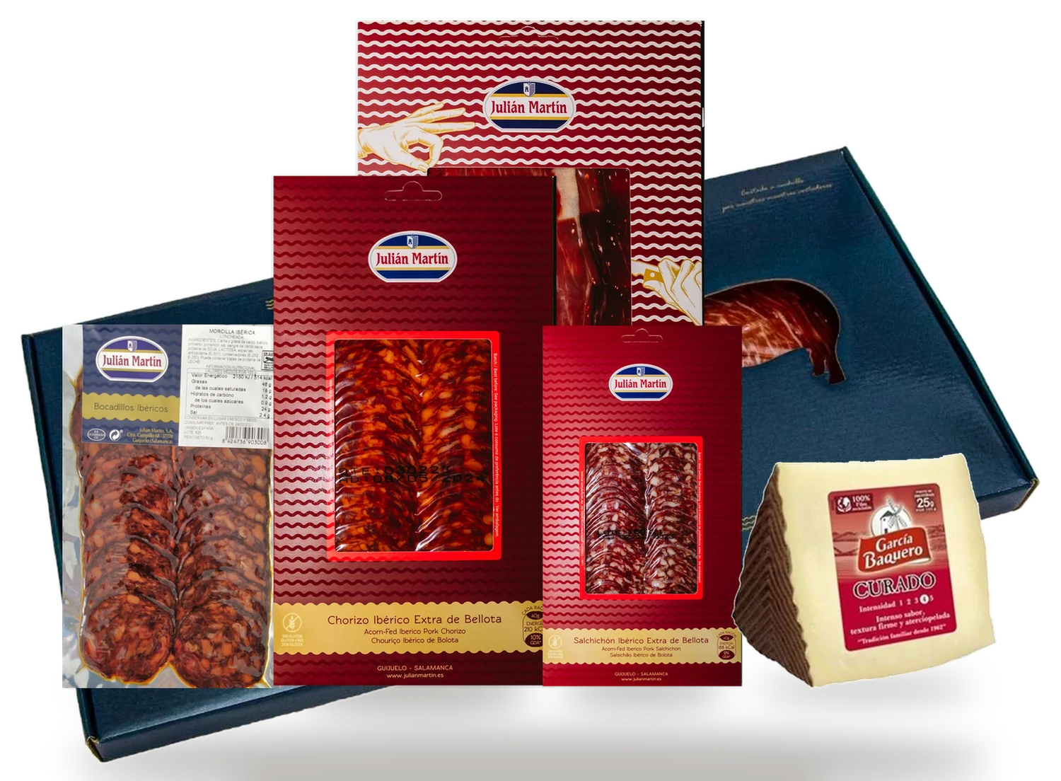 Maletín 7, contenido: Jamón cortado a mano, embutido loncheado, queso manchego y despensa